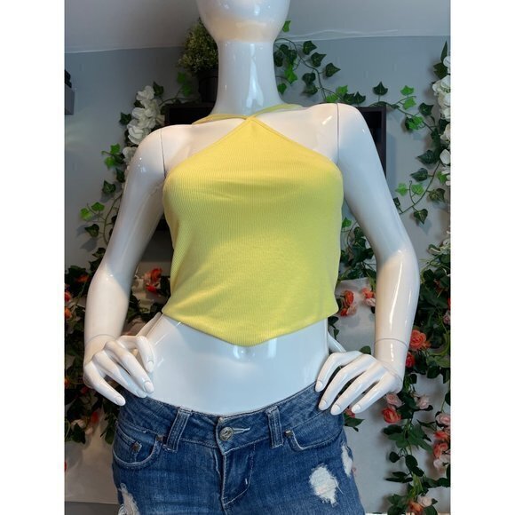 Halter Ribbed Stretch Yellow Cropped Top Size M refFNB - Picture 8 of 10
